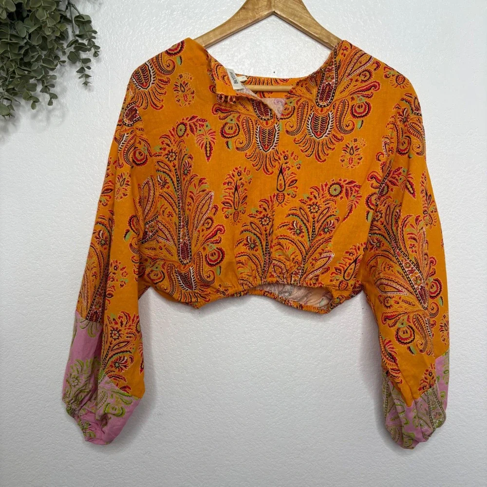 BOTEH Calla Crop Top Ochre Orange Paisley Linen Cotton Balloon Sleeve Size 1 - Picture 2 of 10